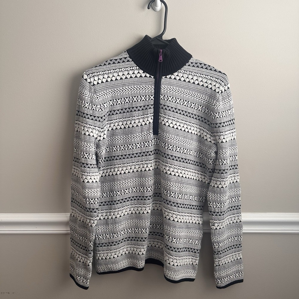 Title Nine Womens Wool Blend Quarter Zip Pullover Sweater Black White M Ski